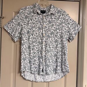 Lucky Brand Men’s Size XL Off-White and Green Leaf Pattern Linen Blend Shirt